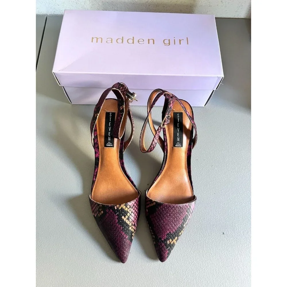 Madden Girl Womens 9 Heels Brown Red Animal Print Point Toe Ankle Strap Shoes - Picture 1 of 9